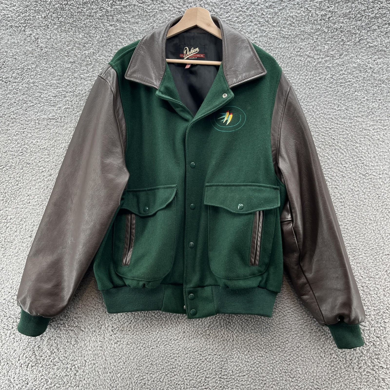 Vtg Dehen Varsity Jacket Mens Xl Green Wool Leather Sleeve Castle Pines Gc Coat